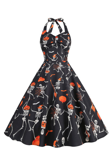 Halloween Preto Halter Abóbora Estampado 1950 Vestido